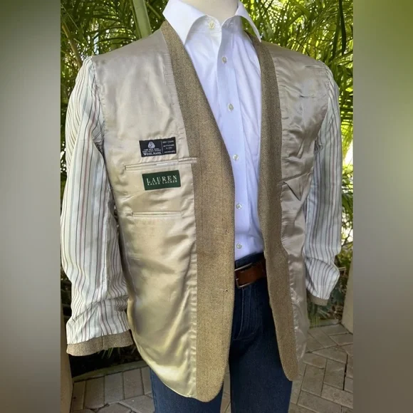 RALPH LAUREN MENS BLAZER SIZE 40 GOLD TAN HERRINGBONE SPORT COAT SUIT JACKET